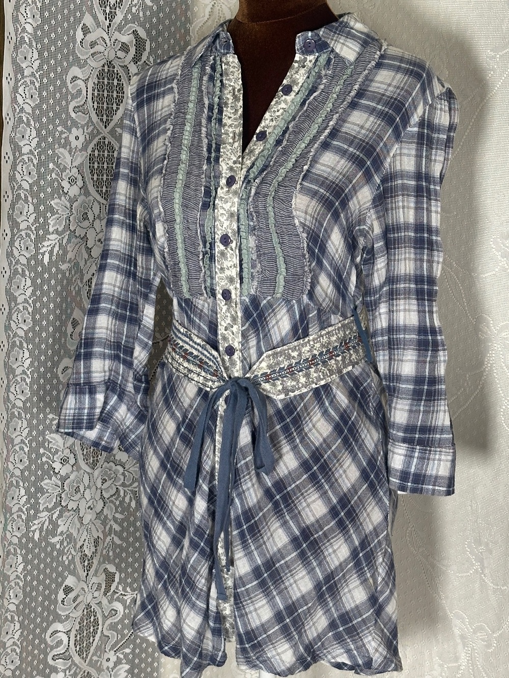 Lulumari Blue and White Plaid Tie-Waist Long Sleeve Shirt Dress